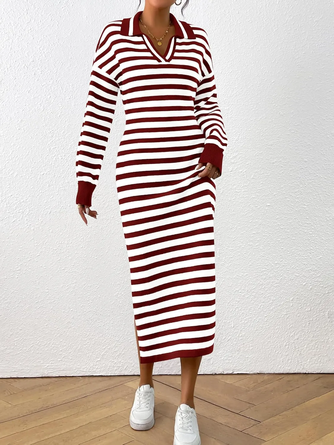 MASCOMODA Womens Fall Dresses 2024 Striped Sweater Dress Casual Long Sleeve V Neck Collared Loose Side Slit Knit Midi Dress