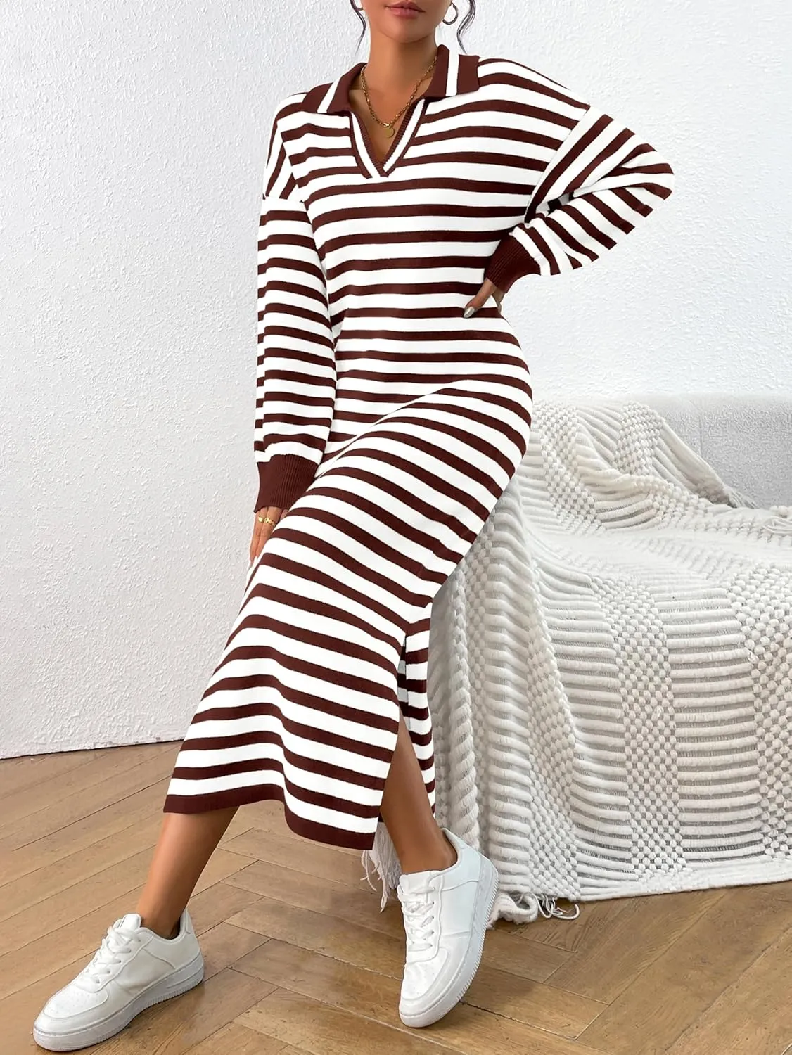 MASCOMODA Womens Fall Dresses 2024 Striped Sweater Dress Casual Long Sleeve V Neck Collared Loose Side Slit Knit Midi Dress