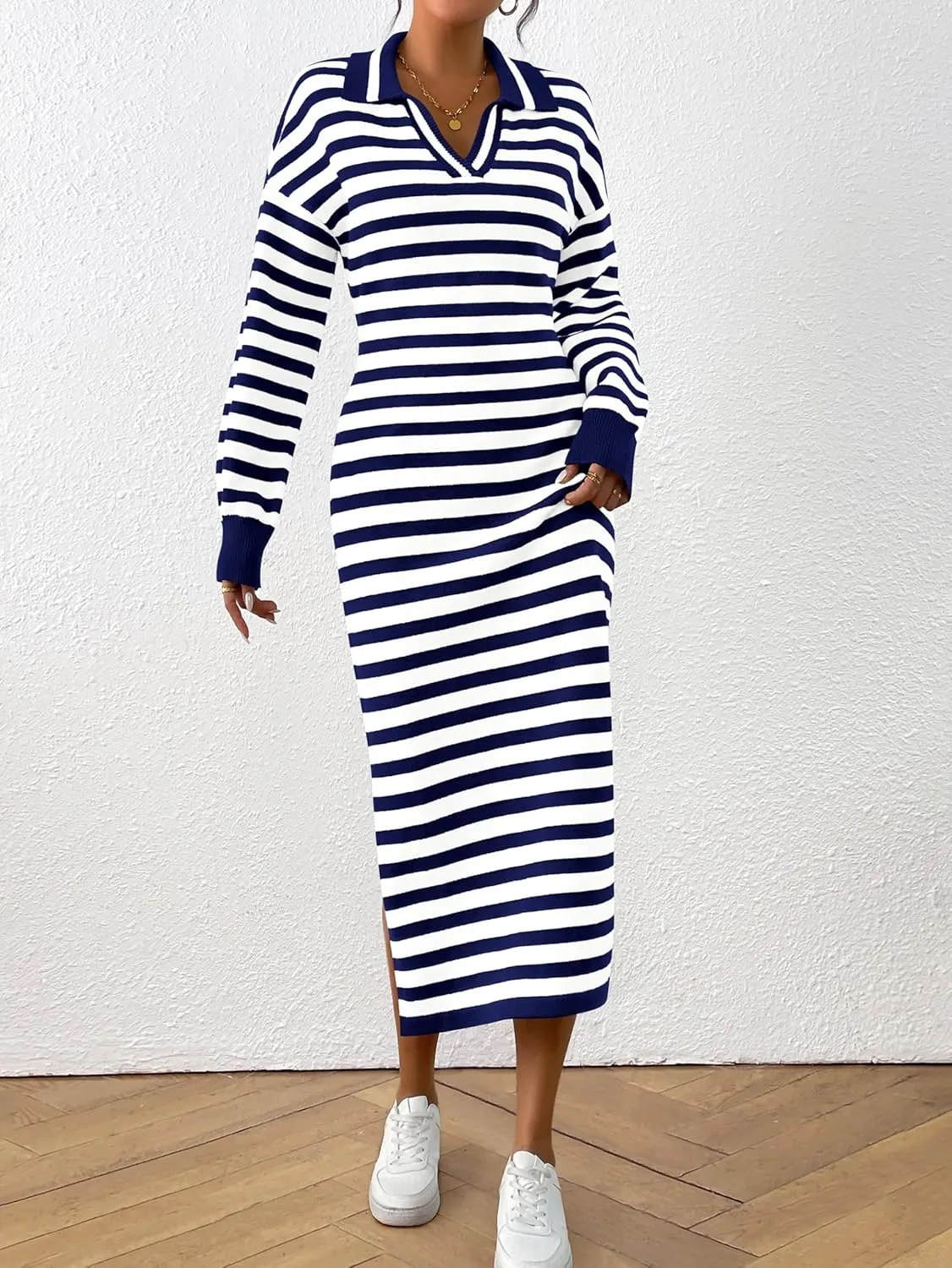 MASCOMODA Womens Fall Dresses 2024 Striped Sweater Dress Casual Long Sleeve V Neck Collared Loose Side Slit Knit Midi Dress