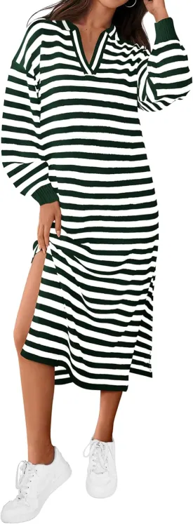 MASCOMODA Womens Fall Dresses 2024 Striped Sweater Dress Casual Long Sleeve V Neck Collared Loose Side Slit Knit Midi Dress