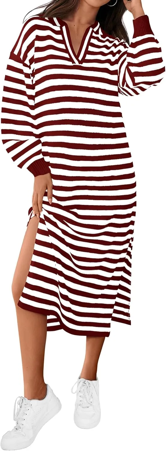 MASCOMODA Womens Fall Dresses 2024 Striped Sweater Dress Casual Long Sleeve V Neck Collared Loose Side Slit Knit Midi Dress