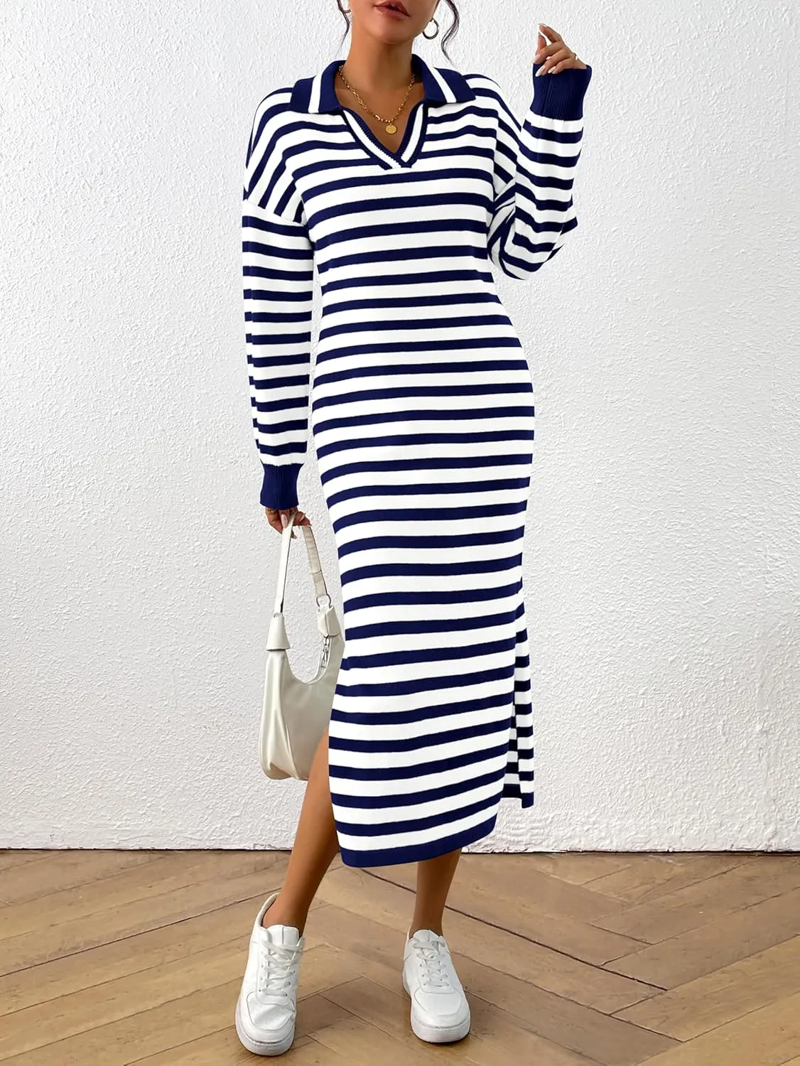 MASCOMODA Womens Fall Dresses 2024 Striped Sweater Dress Casual Long Sleeve V Neck Collared Loose Side Slit Knit Midi Dress