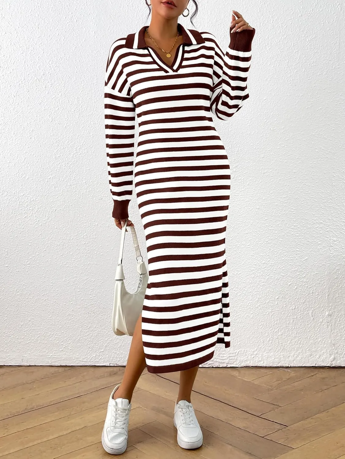 MASCOMODA Womens Fall Dresses 2024 Striped Sweater Dress Casual Long Sleeve V Neck Collared Loose Side Slit Knit Midi Dress