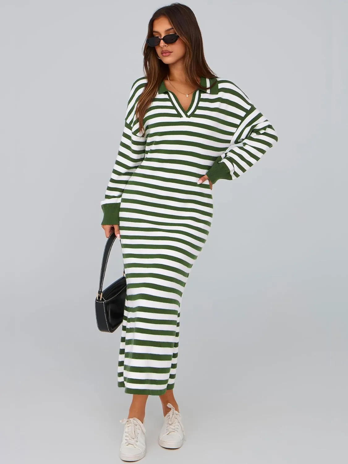 MASCOMODA Womens Fall Dresses 2024 Striped Sweater Dress Casual Long Sleeve V Neck Collared Loose Side Slit Knit Midi Dress