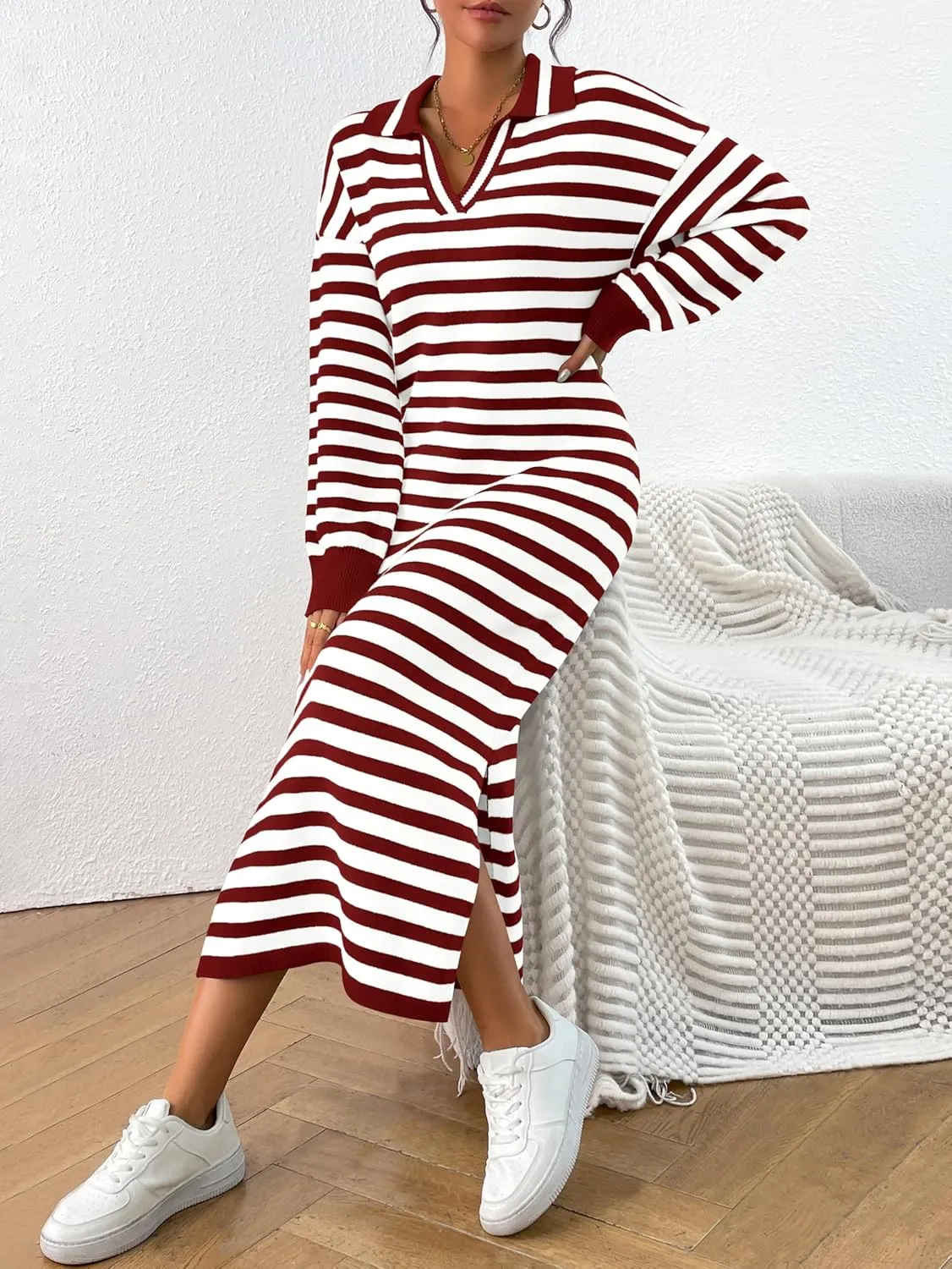 MASCOMODA Womens Fall Dresses 2024 Striped Sweater Dress Casual Long Sleeve V Neck Collared Loose Side Slit Knit Midi Dress
