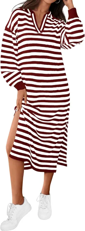 MASCOMODA Womens Fall Dresses 2024 Striped Sweater Dress Casual Long Sleeve V Neck Collared Loose Side Slit Knit Midi Dress