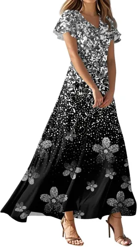 Maxi Dresses for Women,2025 Summer Elegant V Neck Short Sleeve Floral Beach Dress,Flowy Ruched Boho Vacation Dress