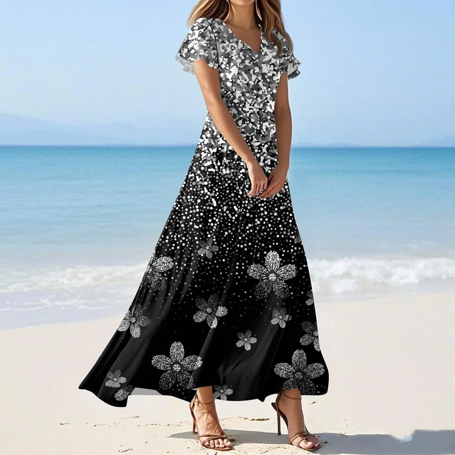 Maxi Dresses for Women,2025 Summer Elegant V Neck Short Sleeve Floral Beach Dress,Flowy Ruched Boho Vacation Dress