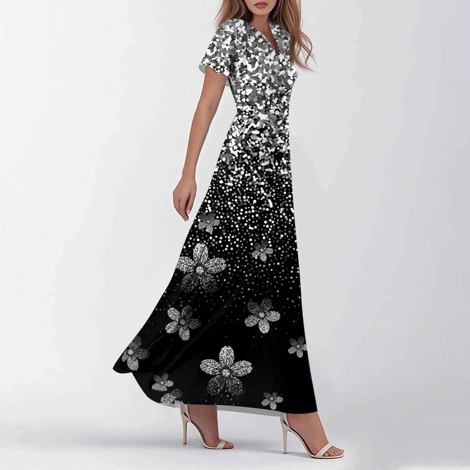 Maxi Dresses for Women,2025 Summer Elegant V Neck Short Sleeve Floral Beach Dress,Flowy Ruched Boho Vacation Dress