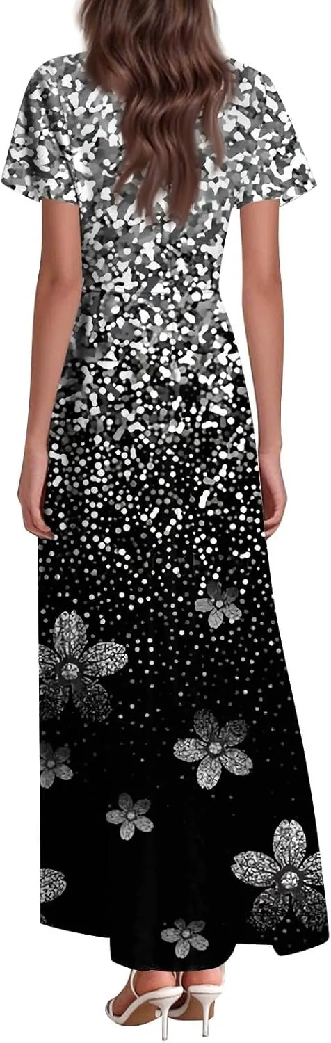 Maxi Dresses for Women,2025 Summer Elegant V Neck Short Sleeve Floral Beach Dress,Flowy Ruched Boho Vacation Dress