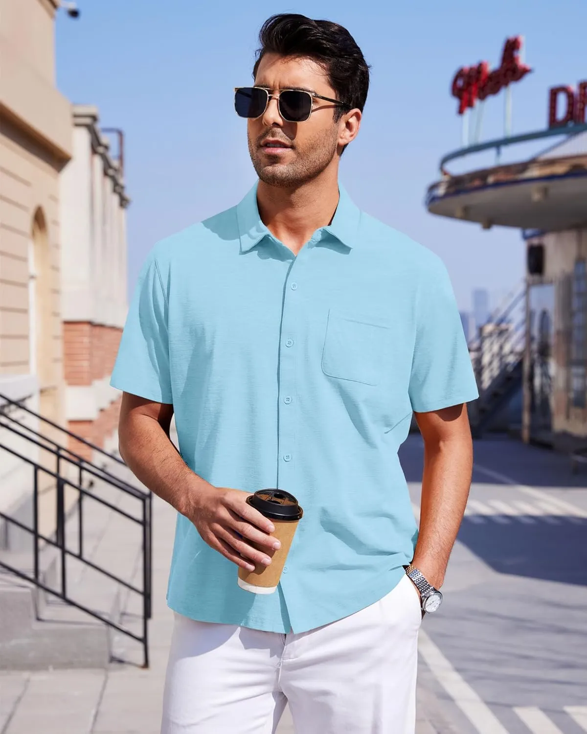 Mens Short Sleeve Dress Shirts Business Casual Button Down Shirt Summer Beach Wedding Untucked Shirts with Pocket