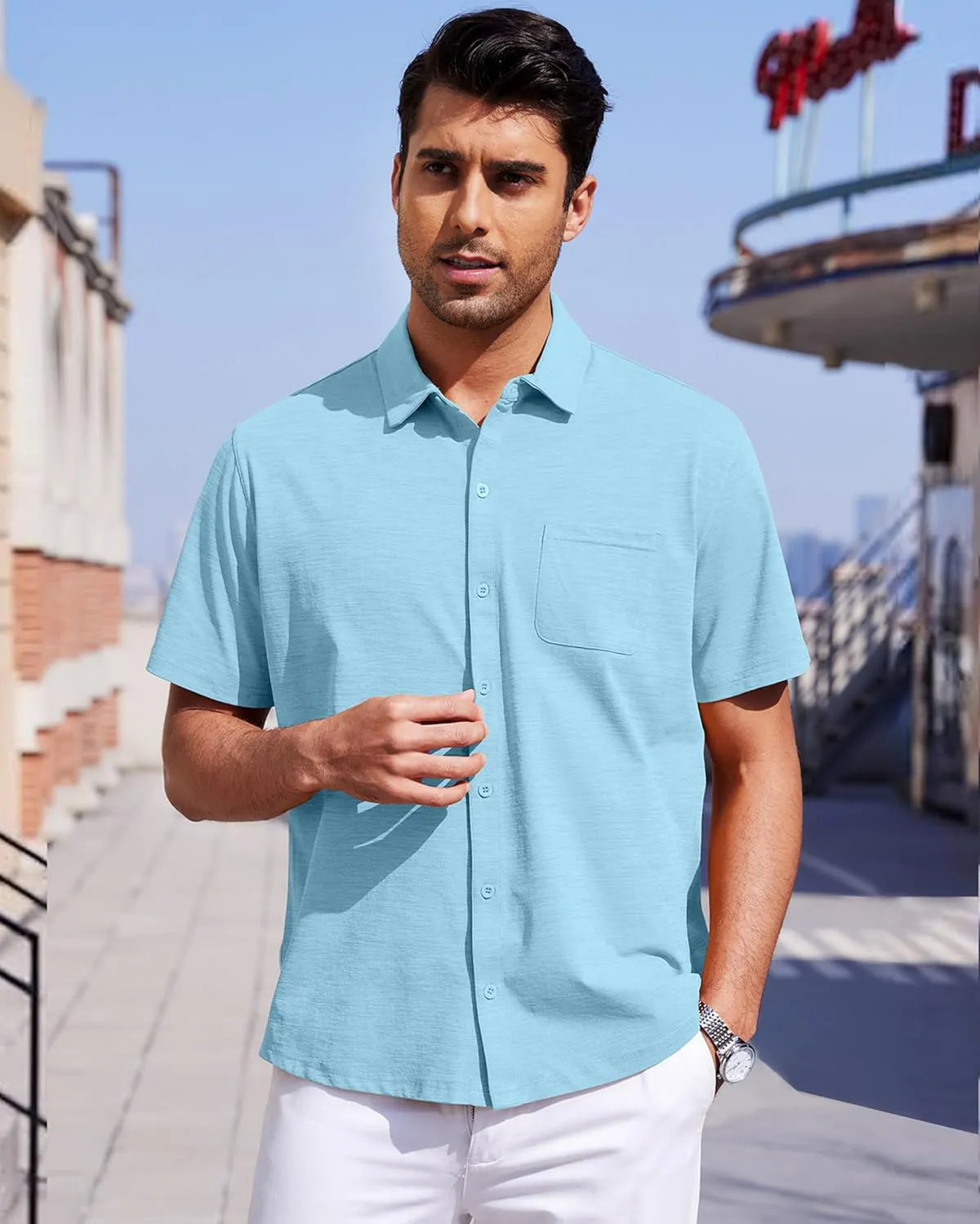 Mens Short Sleeve Dress Shirts Business Casual Button Down Shirt Summer Beach Wedding Untucked Shirts with Pocket