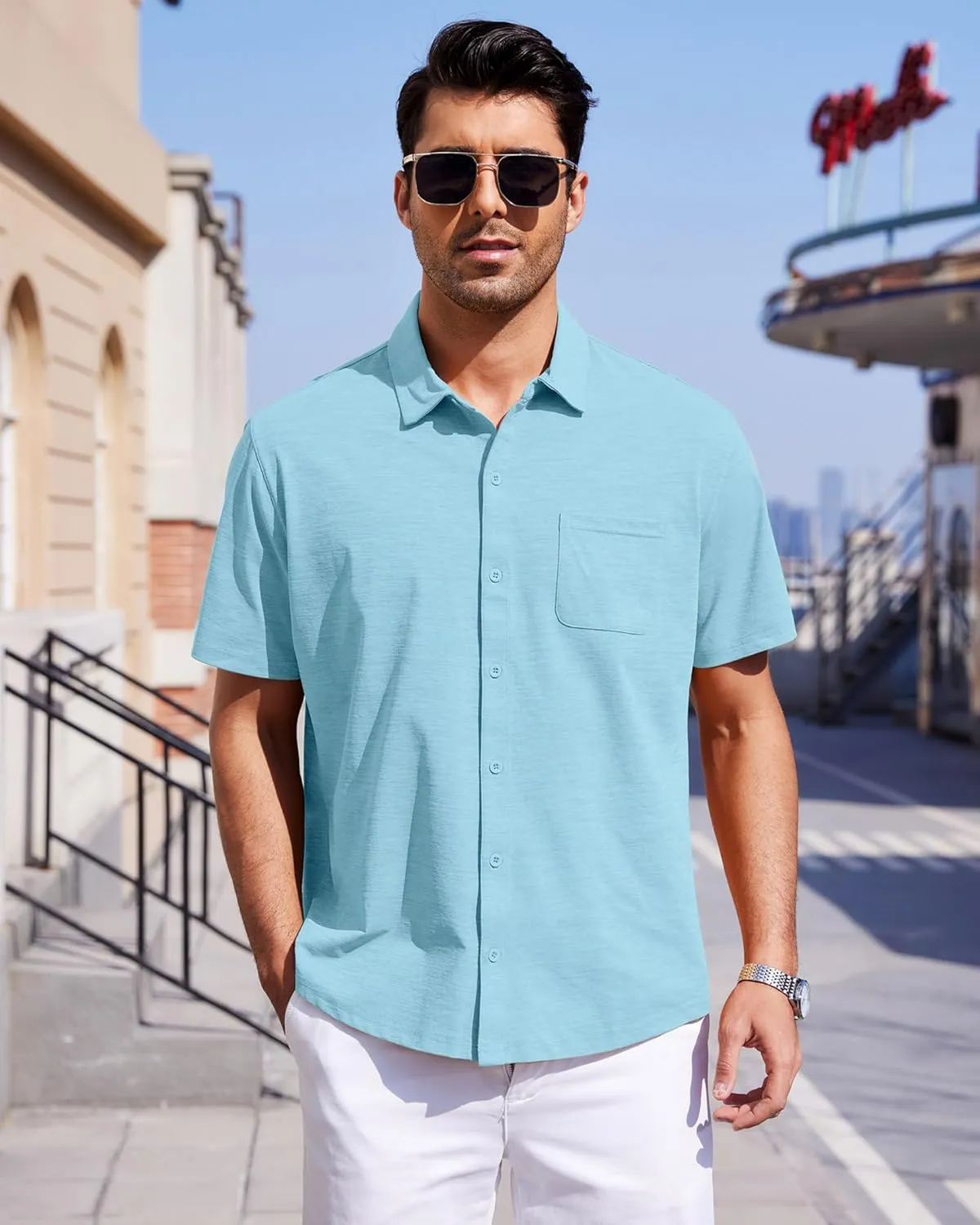 Mens Short Sleeve Dress Shirts Business Casual Button Down Shirt Summer Beach Wedding Untucked Shirts with Pocket