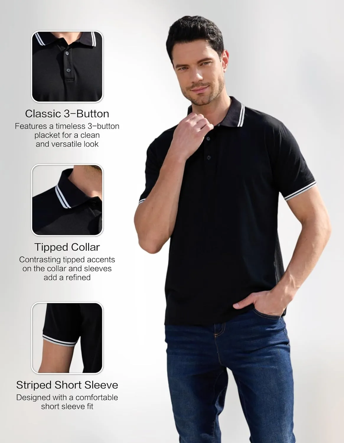 Merino Wool Polo Shirts for Men for Work Sport, Lightweight Breathable Moisture Wicking Mens Polo Shirt Short Sleeve
