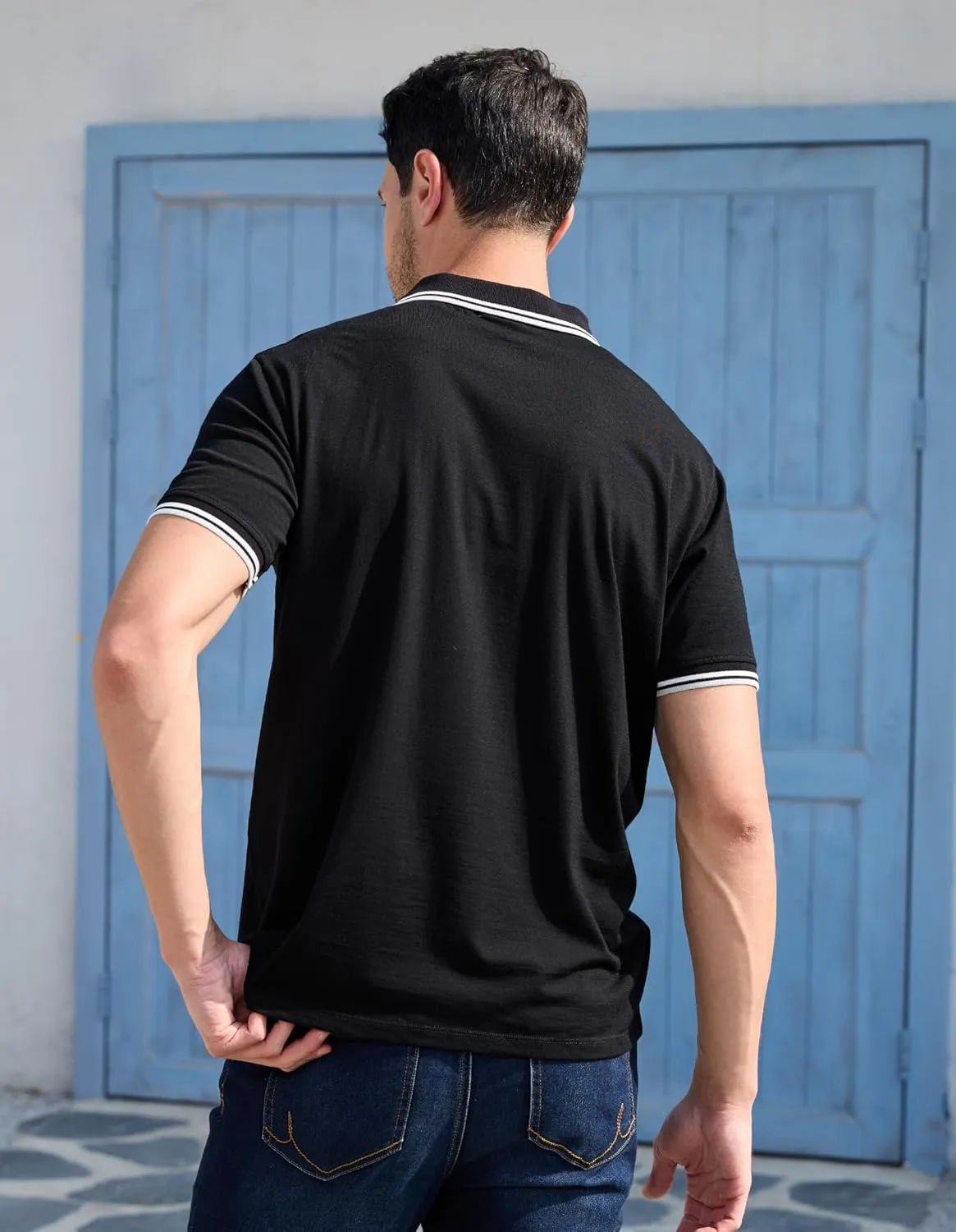 Merino Wool Polo Shirts for Men for Work Sport, Lightweight Breathable Moisture Wicking Mens Polo Shirt Short Sleeve