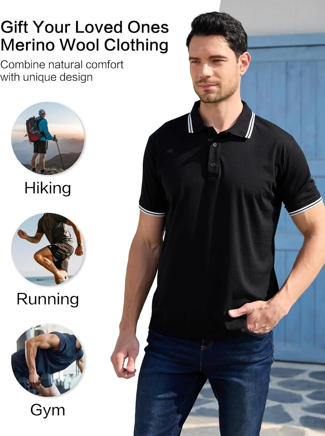 Merino Wool Polo Shirts for Men for Work Sport, Lightweight Breathable Moisture Wicking Mens Polo Shirt Short Sleeve