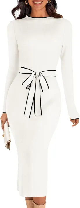 MEROKEETY Women's 2024 Long Sleeve Midi Sweater Dress Fall Mock Neck Color Block Tie Waist Bodycon Knit Dress