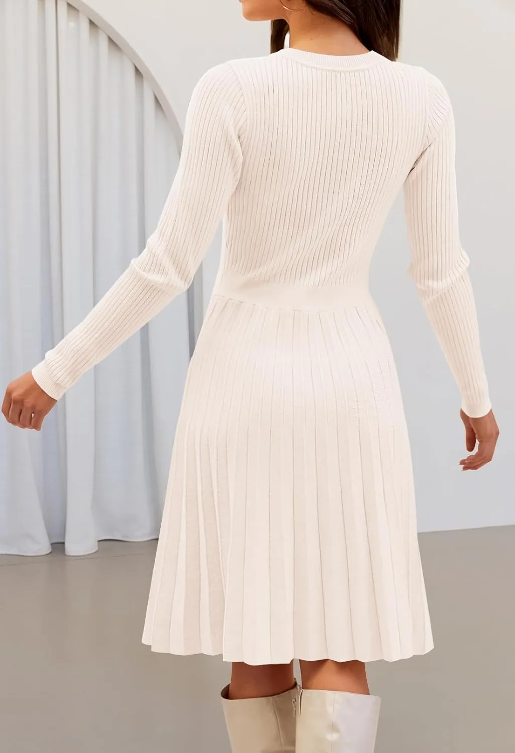 MEROKEETY Women's 2025 Long Sleeve Mini Sweater Dress Crewneck Ribbed Knit A Line Pleated Swing Short Dresses