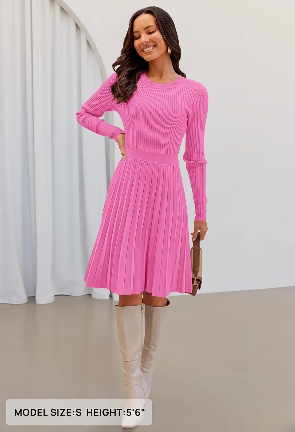 MEROKEETY Women's 2025 Long Sleeve Mini Sweater Dress Crewneck Ribbed Knit A Line Pleated Swing Short Dresses