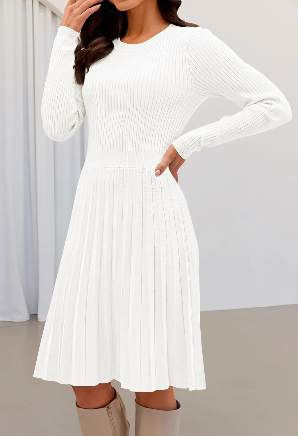 MEROKEETY Women's 2025 Long Sleeve Mini Sweater Dress Crewneck Ribbed Knit A Line Pleated Swing Short Dresses