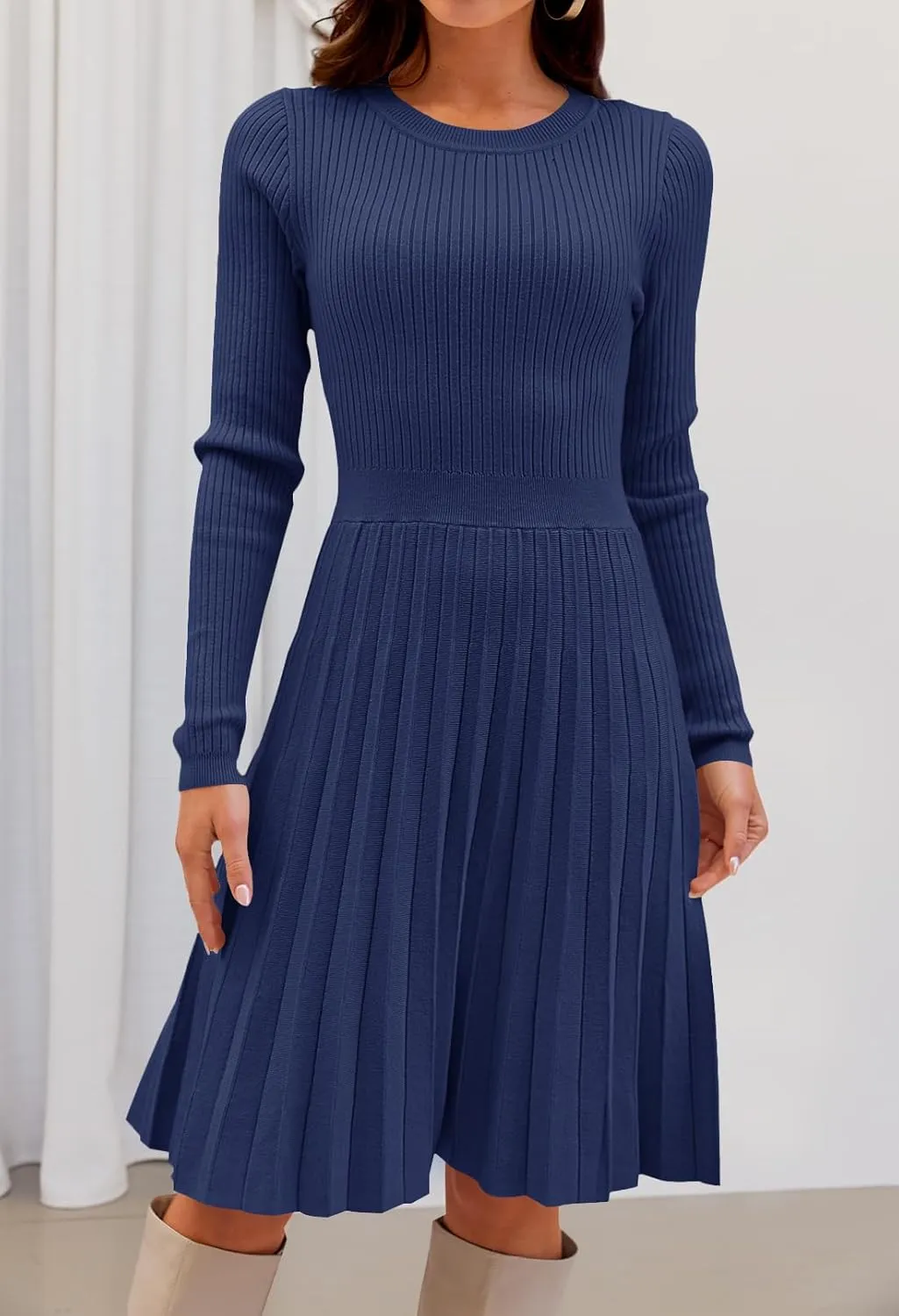 MEROKEETY Women's 2025 Long Sleeve Mini Sweater Dress Crewneck Ribbed Knit A Line Pleated Swing Short Dresses