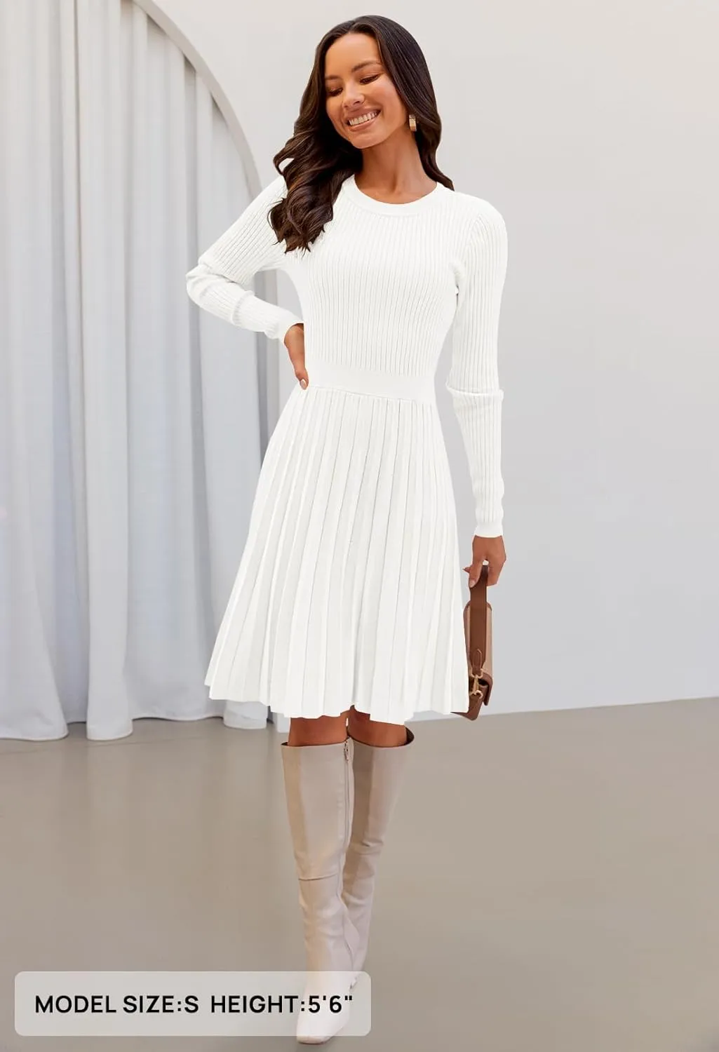 MEROKEETY Women's 2025 Long Sleeve Mini Sweater Dress Crewneck Ribbed Knit A Line Pleated Swing Short Dresses