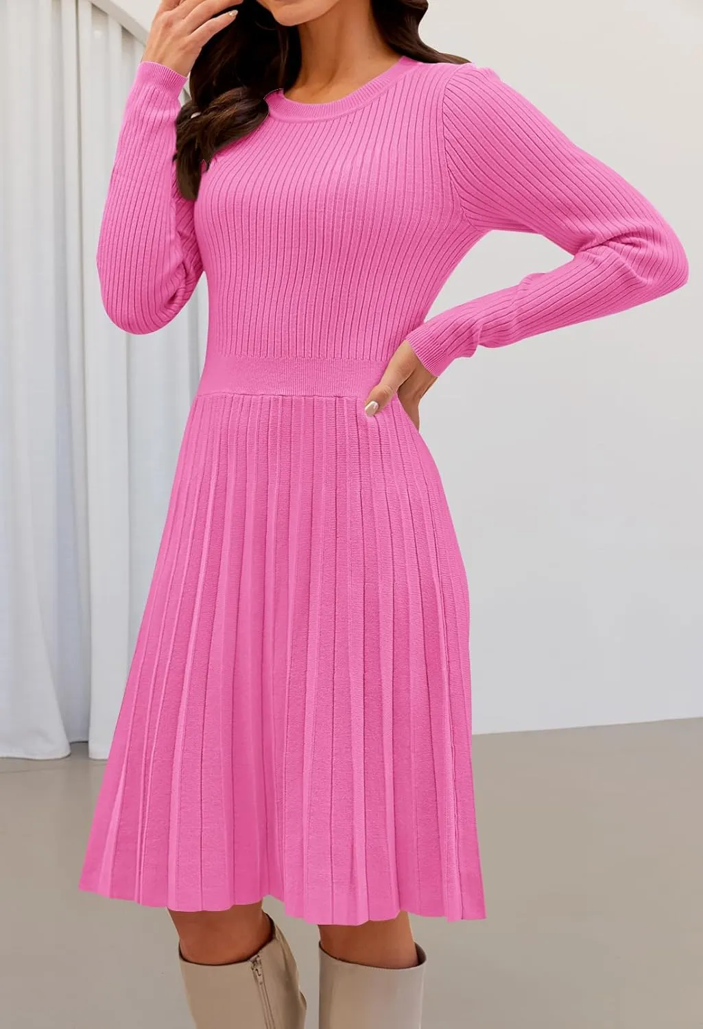 MEROKEETY Women's 2025 Long Sleeve Mini Sweater Dress Crewneck Ribbed Knit A Line Pleated Swing Short Dresses