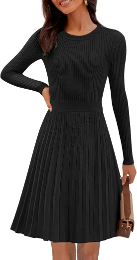MEROKEETY Women's 2025 Long Sleeve Mini Sweater Dress Crewneck Ribbed Knit A Line Pleated Swing Short Dresses