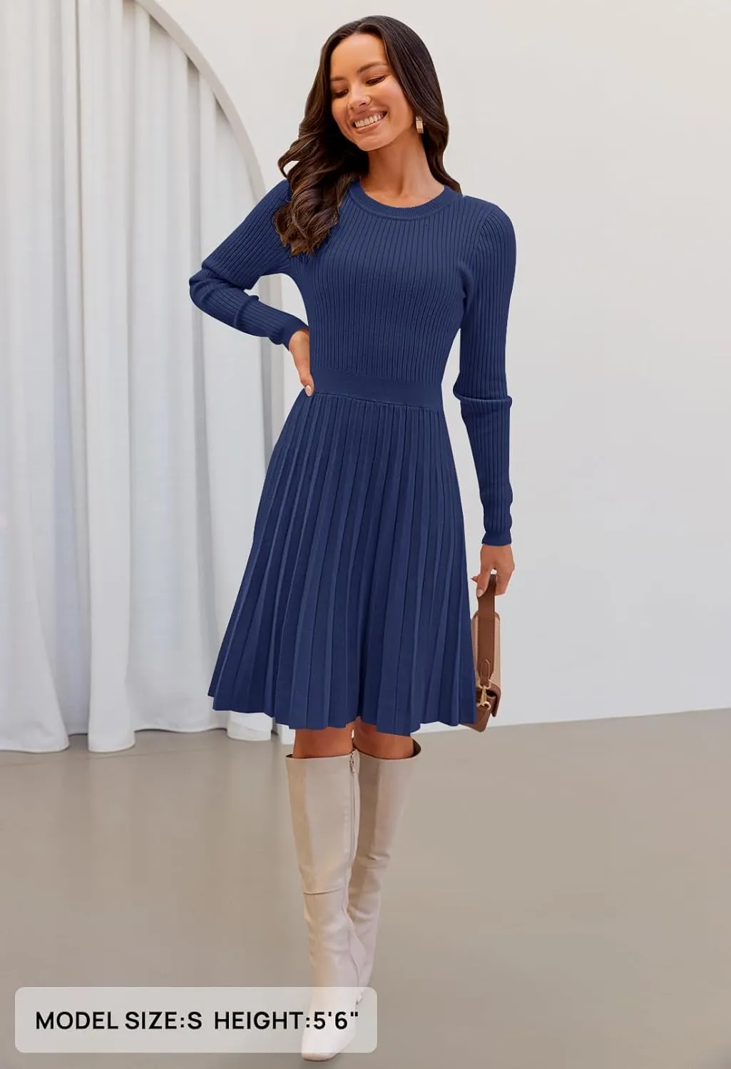 MEROKEETY Women's 2025 Long Sleeve Mini Sweater Dress Crewneck Ribbed Knit A Line Pleated Swing Short Dresses