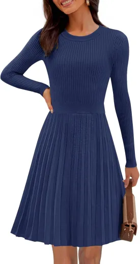 MEROKEETY Women's 2025 Long Sleeve Mini Sweater Dress Crewneck Ribbed Knit A Line Pleated Swing Short Dresses
