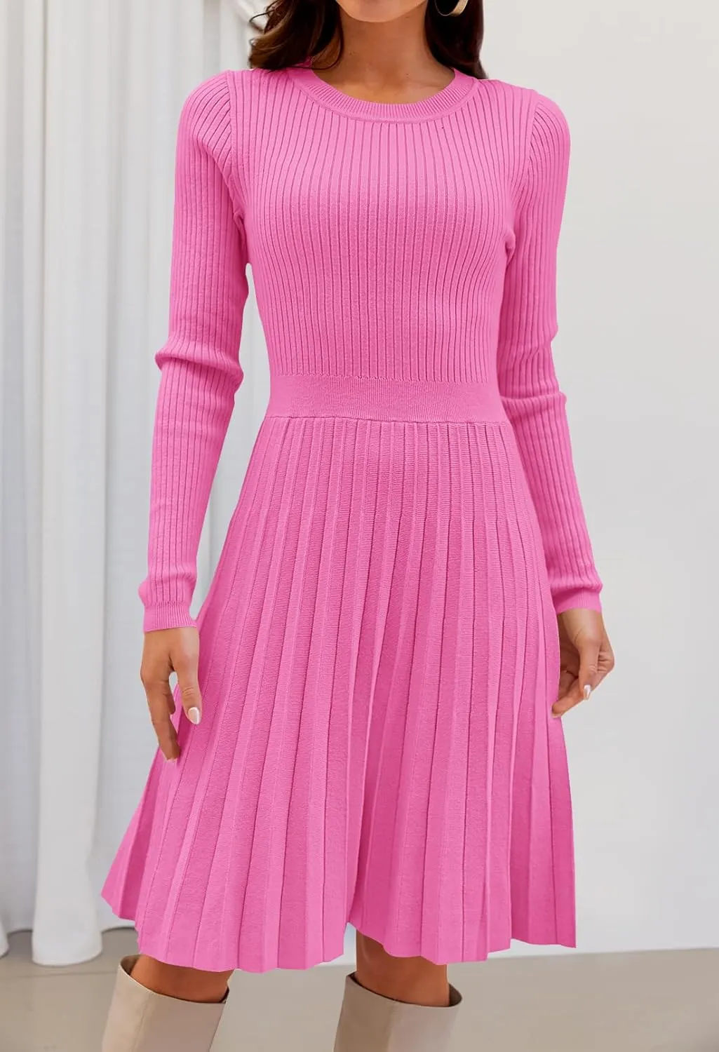 MEROKEETY Women's 2025 Long Sleeve Mini Sweater Dress Crewneck Ribbed Knit A Line Pleated Swing Short Dresses