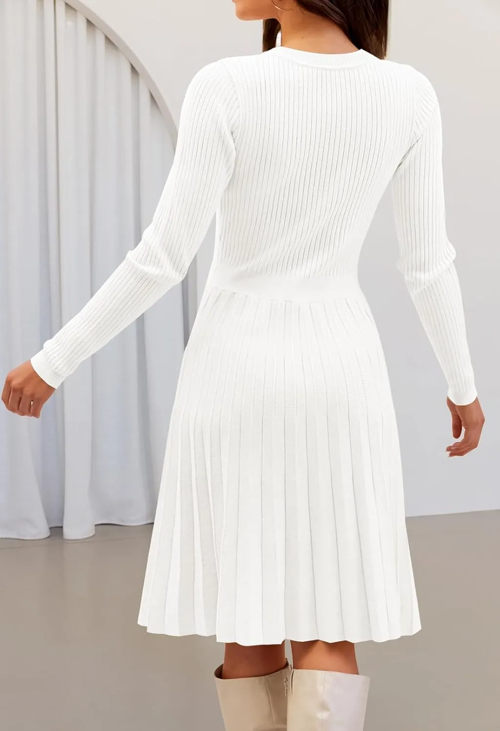 MEROKEETY Women's 2025 Long Sleeve Mini Sweater Dress Crewneck Ribbed Knit A Line Pleated Swing Short Dresses