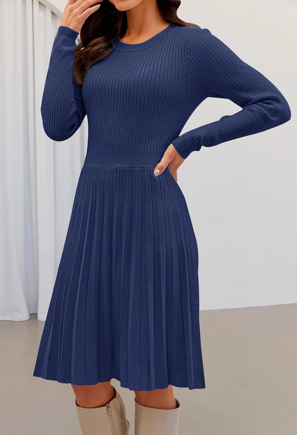 MEROKEETY Women's 2025 Long Sleeve Mini Sweater Dress Crewneck Ribbed Knit A Line Pleated Swing Short Dresses