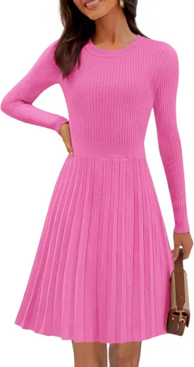 MEROKEETY Women's 2025 Long Sleeve Mini Sweater Dress Crewneck Ribbed Knit A Line Pleated Swing Short Dresses
