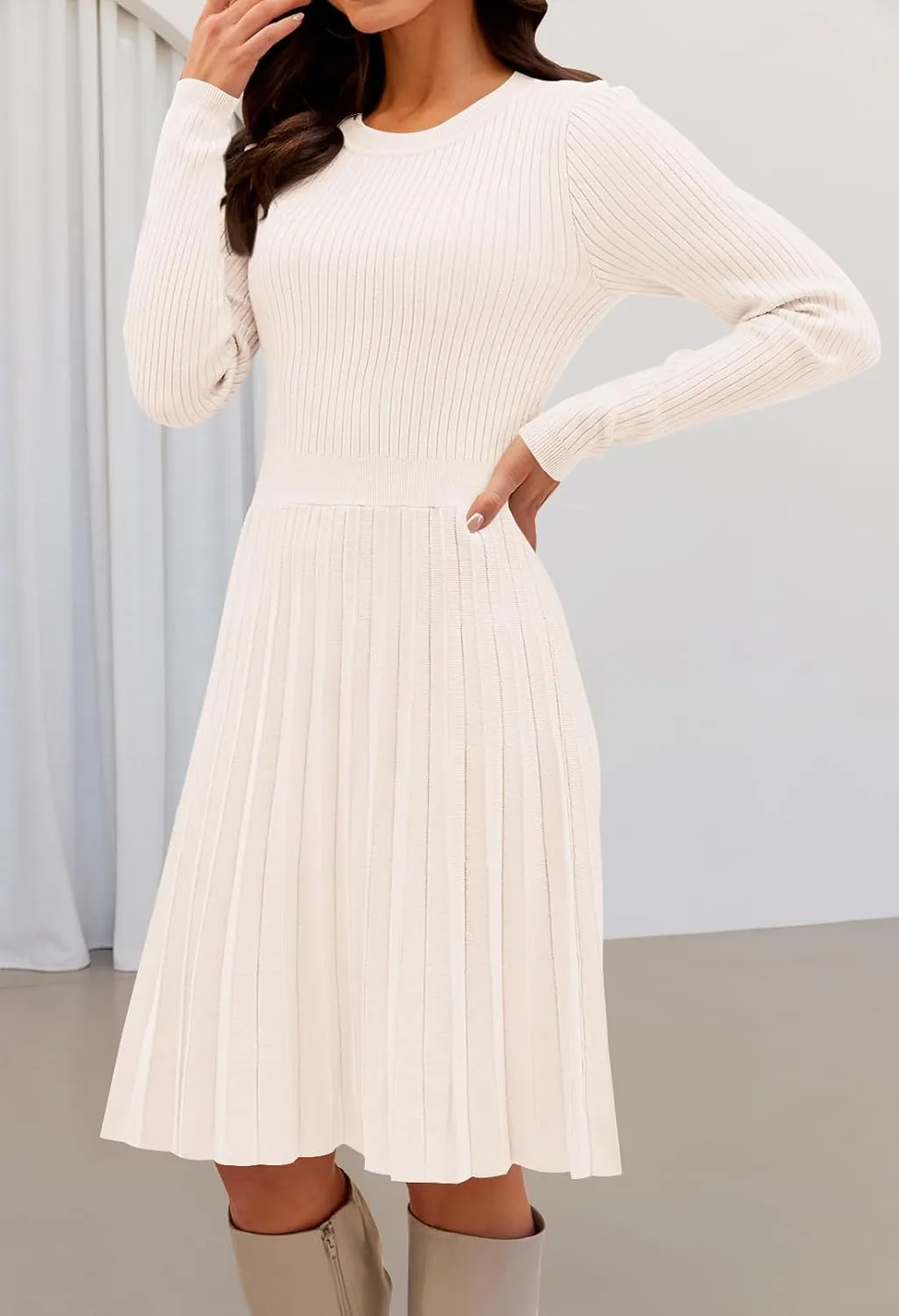 MEROKEETY Women's 2025 Long Sleeve Mini Sweater Dress Crewneck Ribbed Knit A Line Pleated Swing Short Dresses