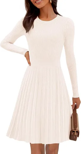 MEROKEETY Women's 2025 Long Sleeve Mini Sweater Dress Crewneck Ribbed Knit A Line Pleated Swing Short Dresses