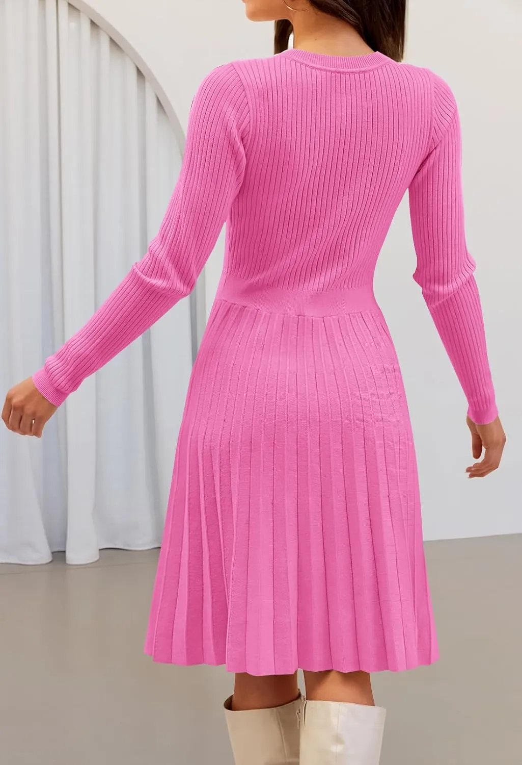 MEROKEETY Women's 2025 Long Sleeve Mini Sweater Dress Crewneck Ribbed Knit A Line Pleated Swing Short Dresses
