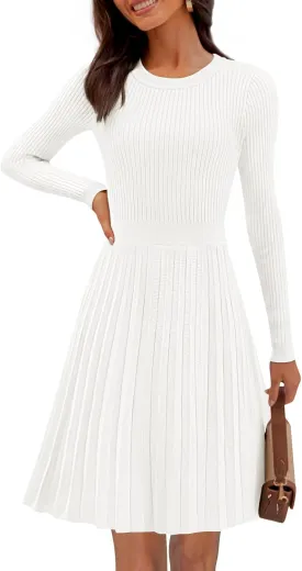 MEROKEETY Women's 2025 Long Sleeve Mini Sweater Dress Crewneck Ribbed Knit A Line Pleated Swing Short Dresses