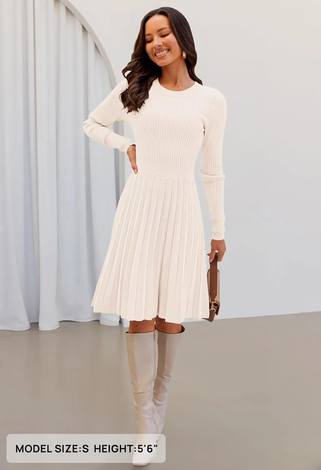 MEROKEETY Women's 2025 Long Sleeve Mini Sweater Dress Crewneck Ribbed Knit A Line Pleated Swing Short Dresses
