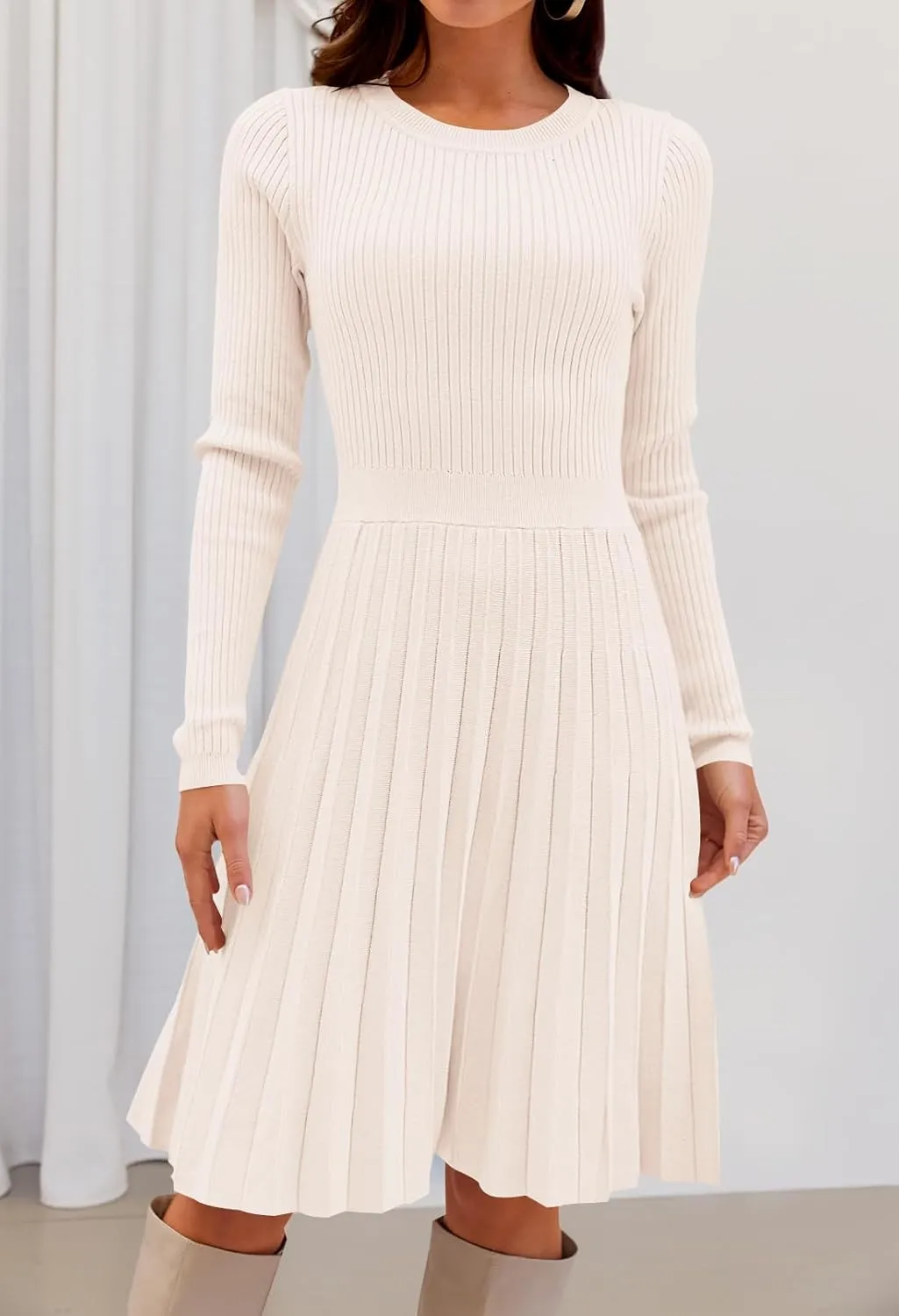 MEROKEETY Women's 2025 Long Sleeve Mini Sweater Dress Crewneck Ribbed Knit A Line Pleated Swing Short Dresses
