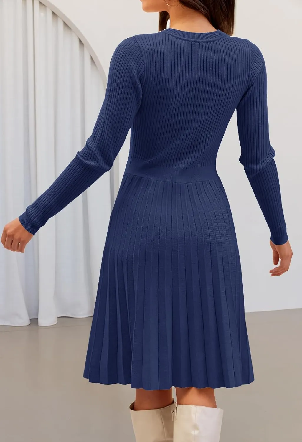 MEROKEETY Women's 2025 Long Sleeve Mini Sweater Dress Crewneck Ribbed Knit A Line Pleated Swing Short Dresses