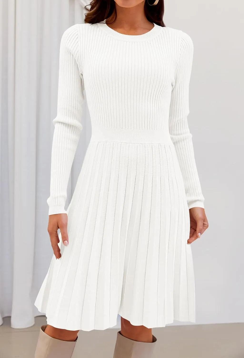MEROKEETY Women's 2025 Long Sleeve Mini Sweater Dress Crewneck Ribbed Knit A Line Pleated Swing Short Dresses