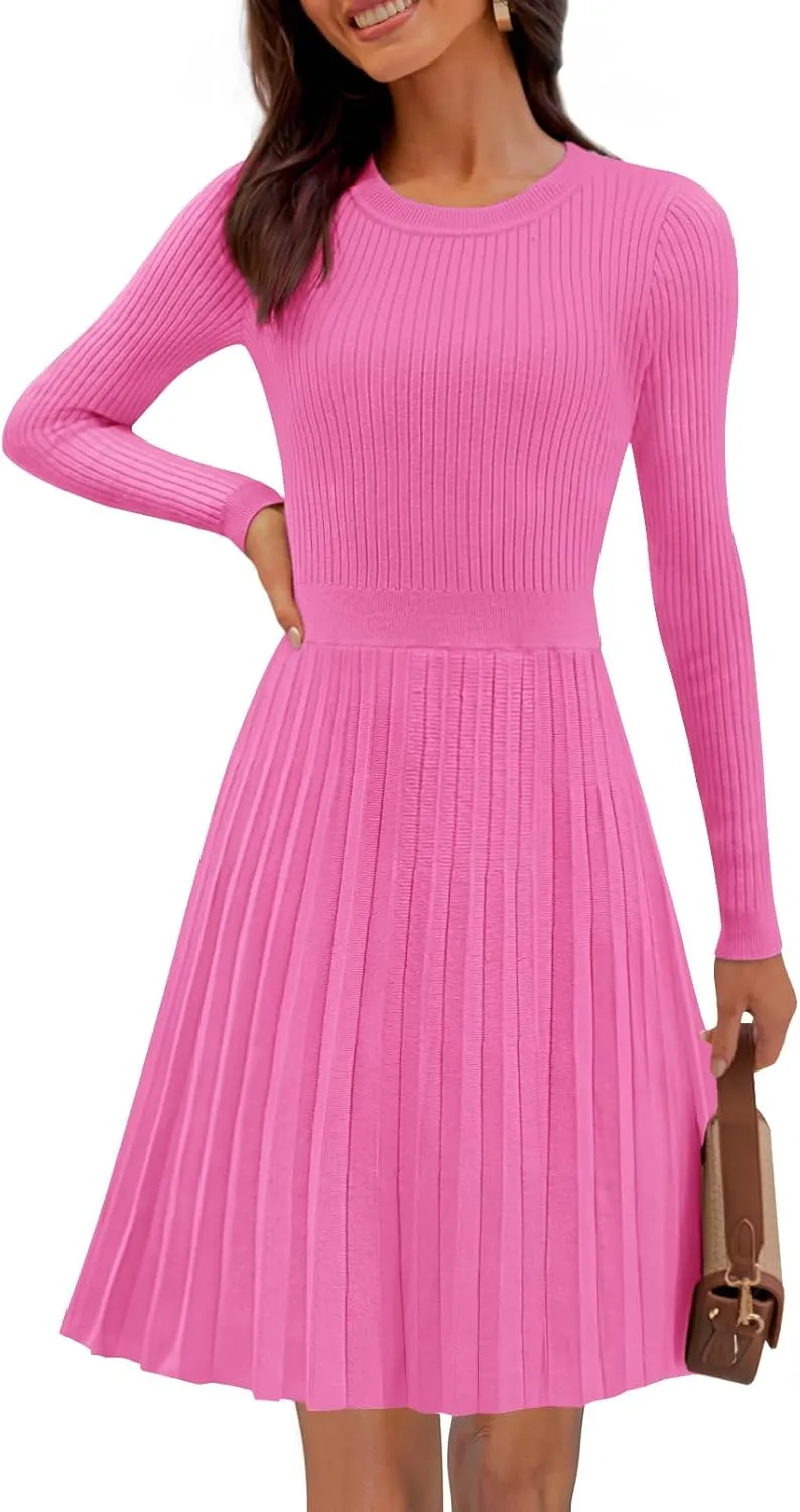 MEROKEETY Women's 2025 Long Sleeve Mini Sweater Dress Crewneck Ribbed Knit A Line Pleated Swing Short Dresses