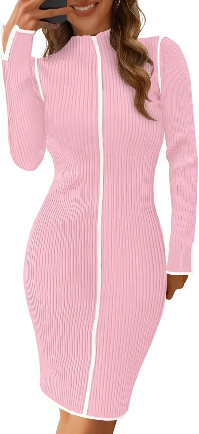 MEROKEETY Women's 2025 Long Sleeve Ribbed Knit Short Dress Color Block Mock Neck Bodycon Sweater Dresses