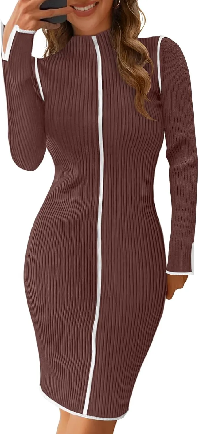 MEROKEETY Women's 2025 Long Sleeve Ribbed Knit Short Dress Color Block Mock Neck Bodycon Sweater Dresses