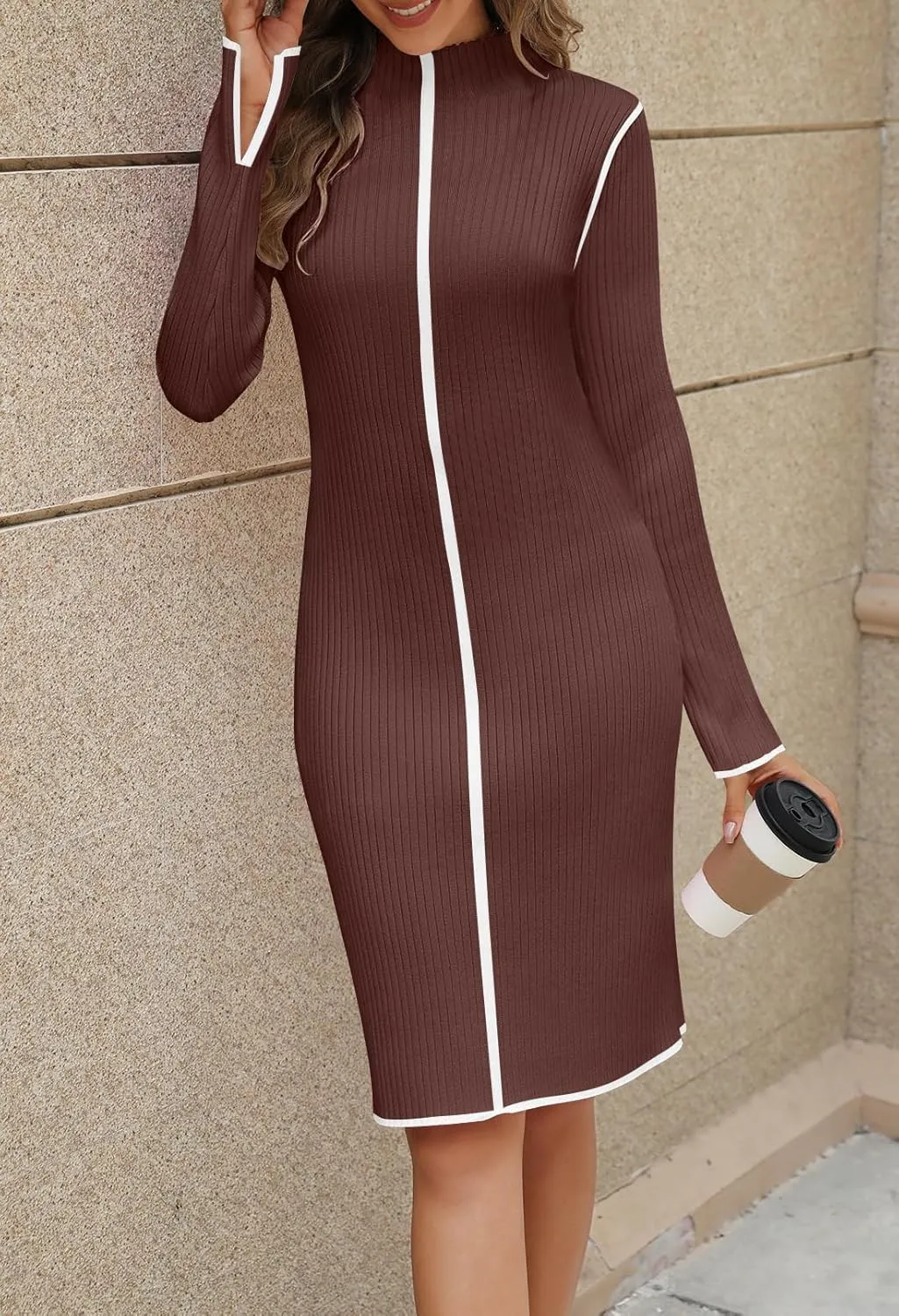MEROKEETY Women's 2025 Long Sleeve Ribbed Knit Short Dress Color Block Mock Neck Bodycon Sweater Dresses