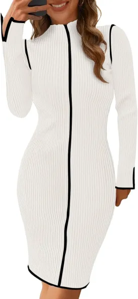 MEROKEETY Women's 2025 Long Sleeve Ribbed Knit Short Dress Color Block Mock Neck Bodycon Sweater Dresses
