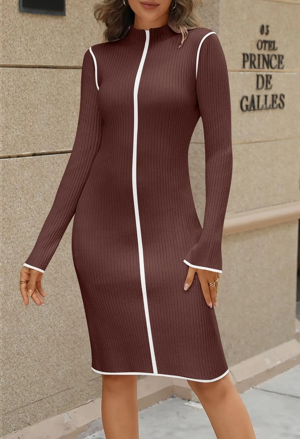 MEROKEETY Women's 2025 Long Sleeve Ribbed Knit Short Dress Color Block Mock Neck Bodycon Sweater Dresses