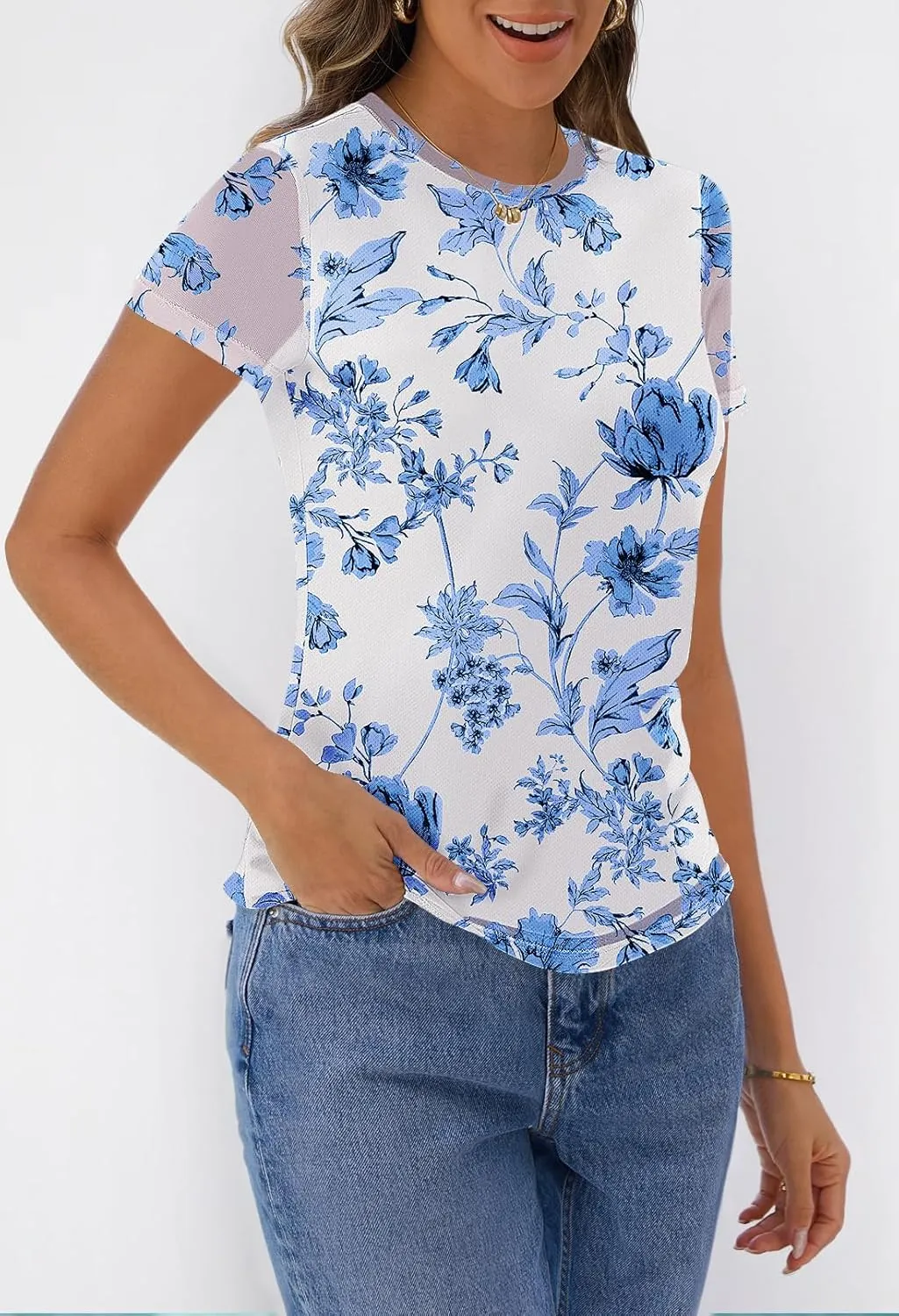 MEROKEETY Women's 2025 Summer Spring Casual Short Sleeve T Shirt Trendy Sheer Mesh Boho Vacation Floral Blouse Tops