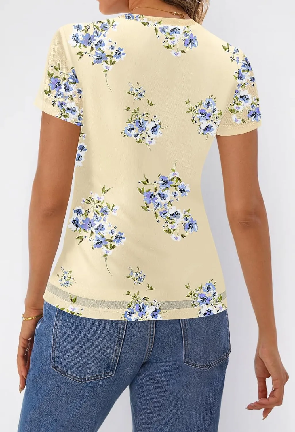 MEROKEETY Women's 2025 Summer Spring Casual Short Sleeve T Shirt Trendy Sheer Mesh Boho Vacation Floral Blouse Tops
